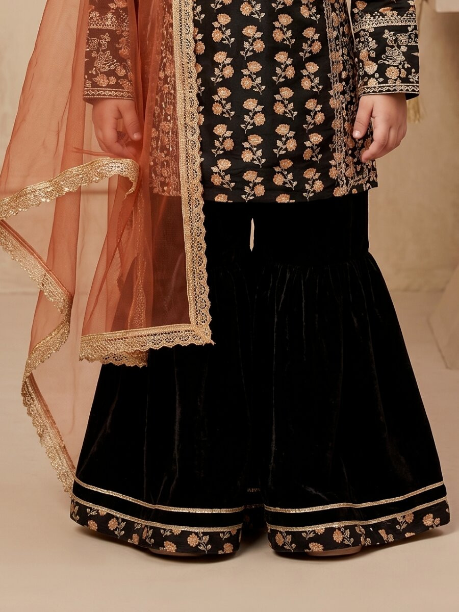 Black Heavy chinon Ethnic Embroidered Sequins Printed Casual Festival Party Wedding Kurta Sharara Girls Wear