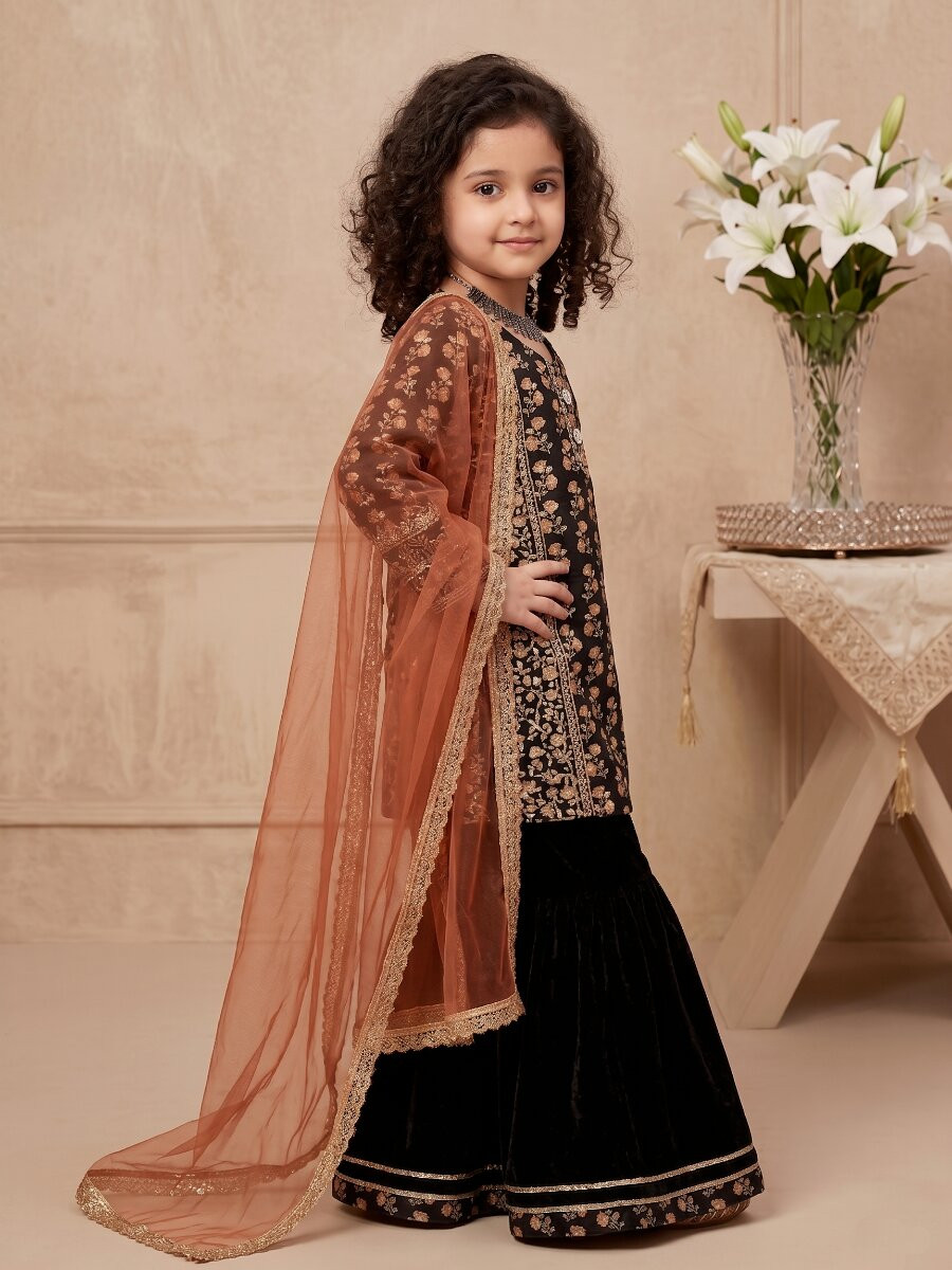 Black Heavy chinon Ethnic Embroidered Sequins Printed Casual Festival Party Wedding Kurta Sharara Girls Wear