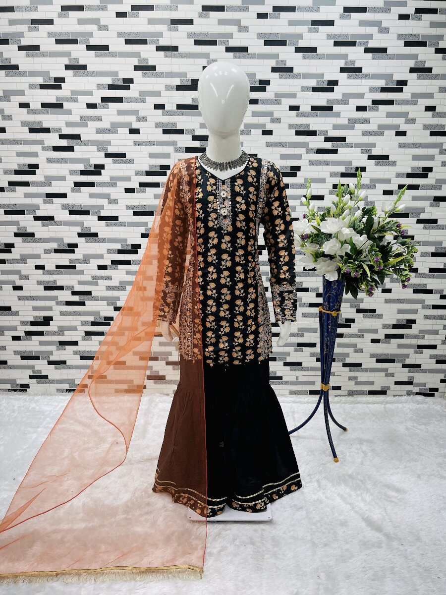 Black Heavy chinon Ethnic Embroidered Sequins Printed Casual Festival Party Wedding Kurta Sharara Girls Wear