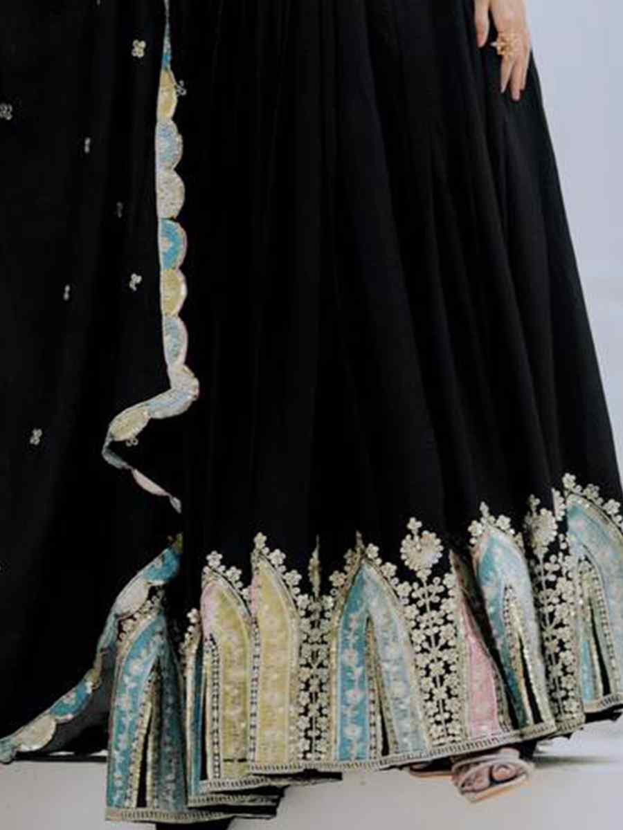 Black Heavy Chinon Silk Embroidered Festival Casual Gown