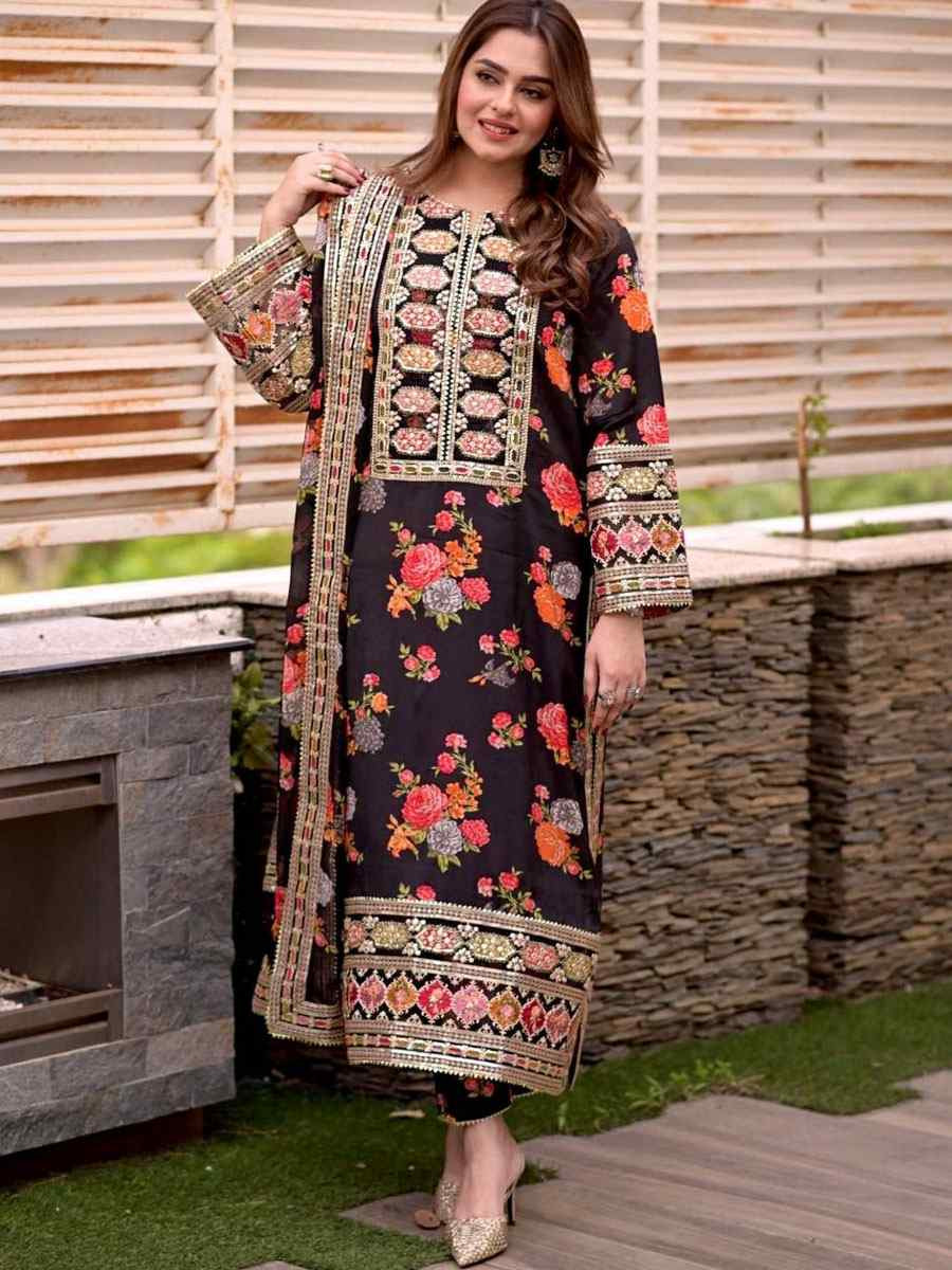 Black Heavy Chinon Silk Embroidered Party Wedding Ready Pant Salwar Kameez