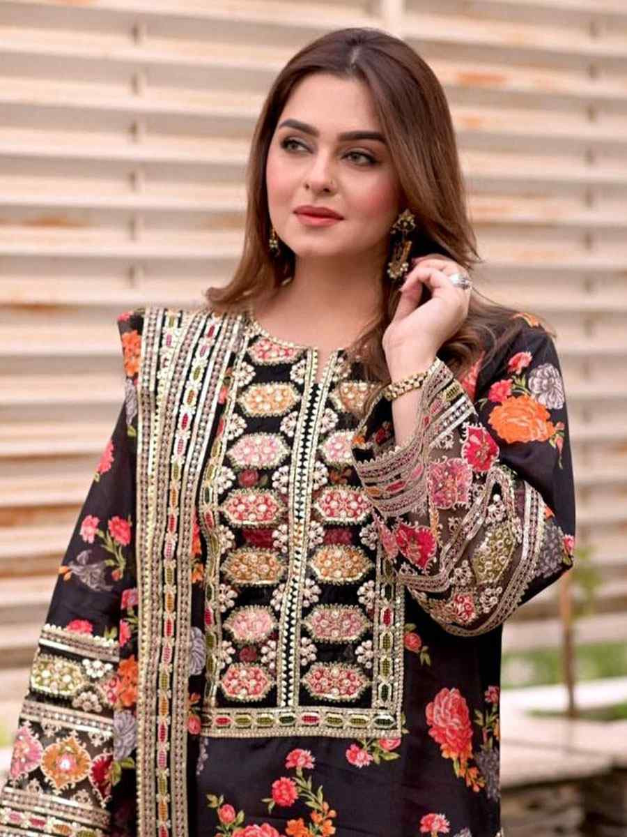 Black Heavy Chinon Silk Embroidered Party Wedding Ready Pant Salwar Kameez