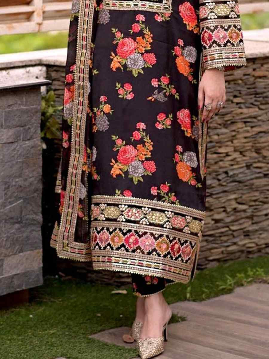 Black Heavy Chinon Silk Embroidered Party Wedding Ready Pant Salwar Kameez
