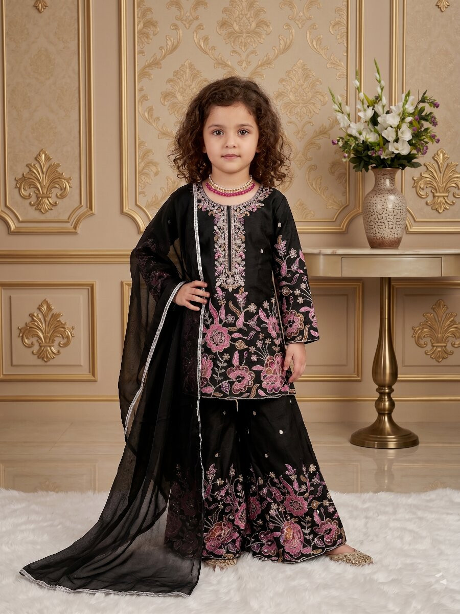 Black Heavy chinon silk Embroidered Sequins Ethnic Casual Festival Party Wedding Kurta Sharara Girls Wear