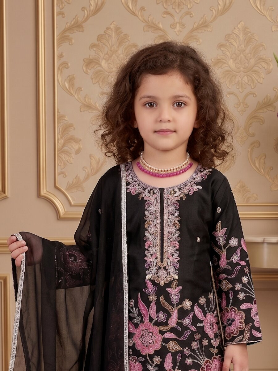 Black Heavy chinon silk Embroidered Sequins Ethnic Casual Festival Party Wedding Kurta Sharara Girls Wear