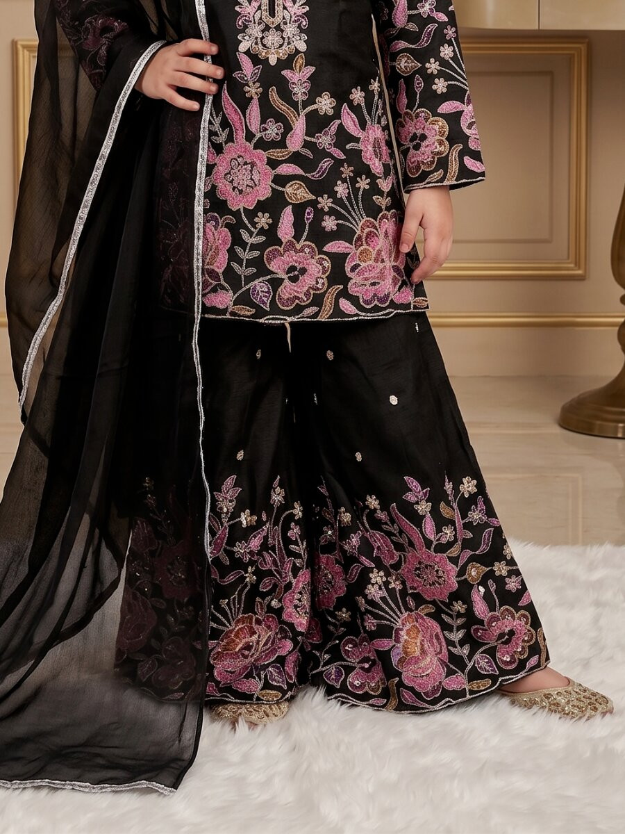 Black Heavy chinon silk Embroidered Sequins Ethnic Casual Festival Party Wedding Kurta Sharara Girls Wear
