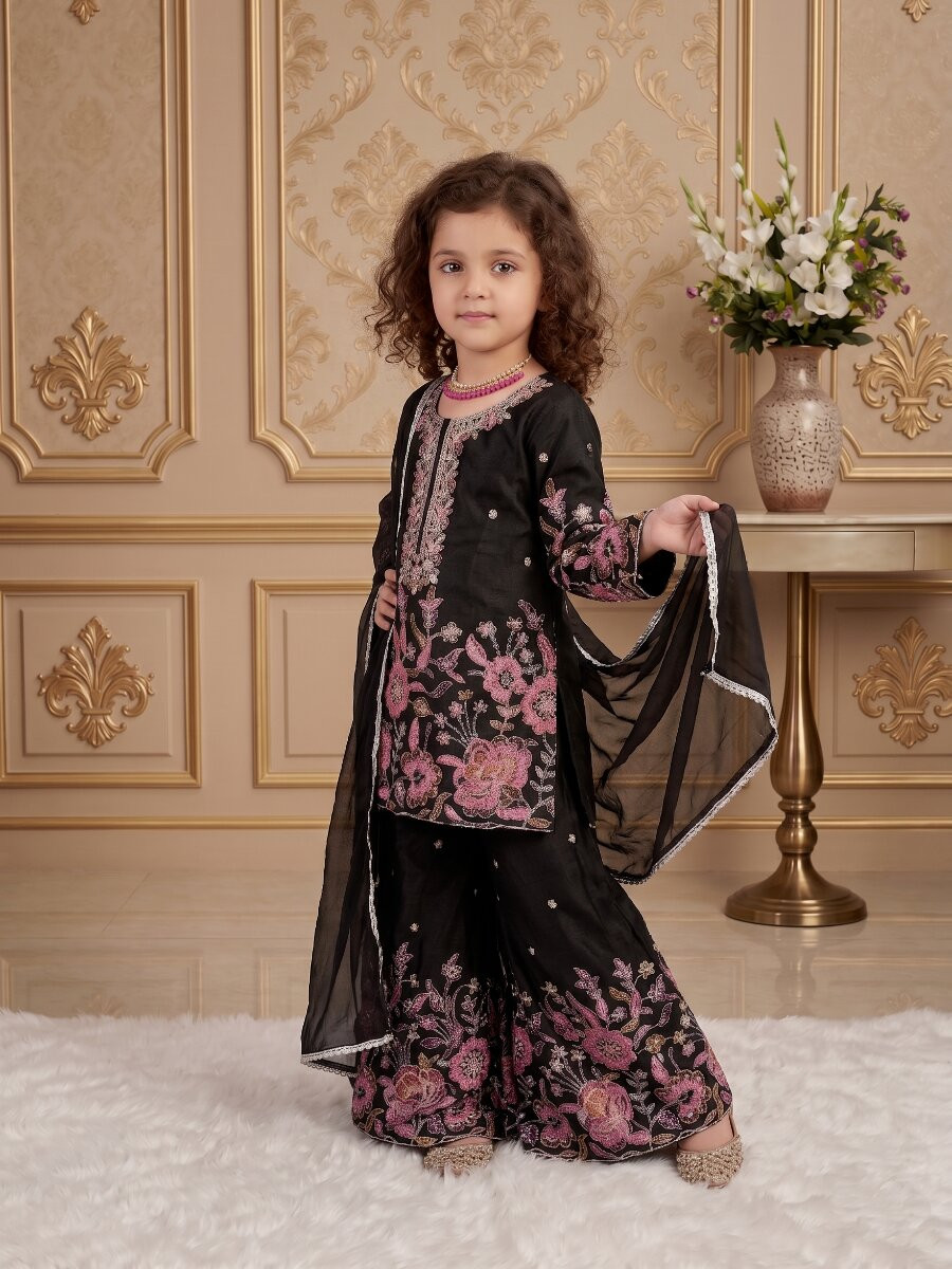 Black Heavy chinon silk Embroidered Sequins Ethnic Casual Festival Party Wedding Kurta Sharara Girls Wear