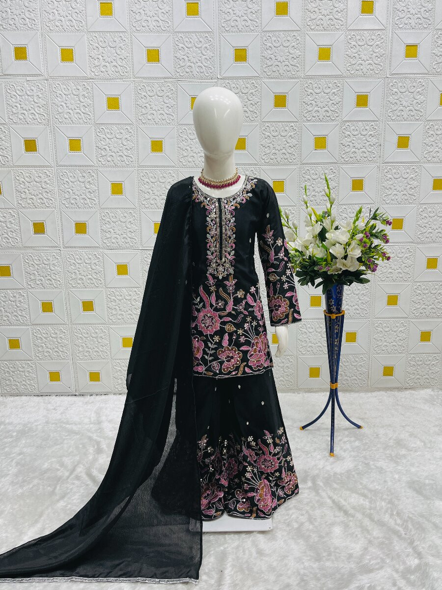 Black Heavy chinon silk Embroidered Sequins Ethnic Casual Festival Party Wedding Kurta Sharara Girls Wear
