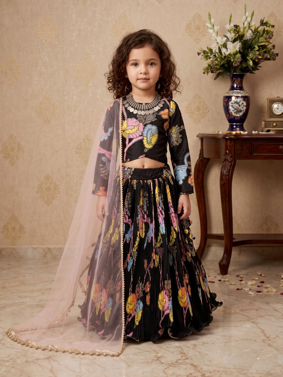 Black Heavy Chinon Silk Printed Ethnic Casual Festival Party Wedding Lehengas Girls Wear