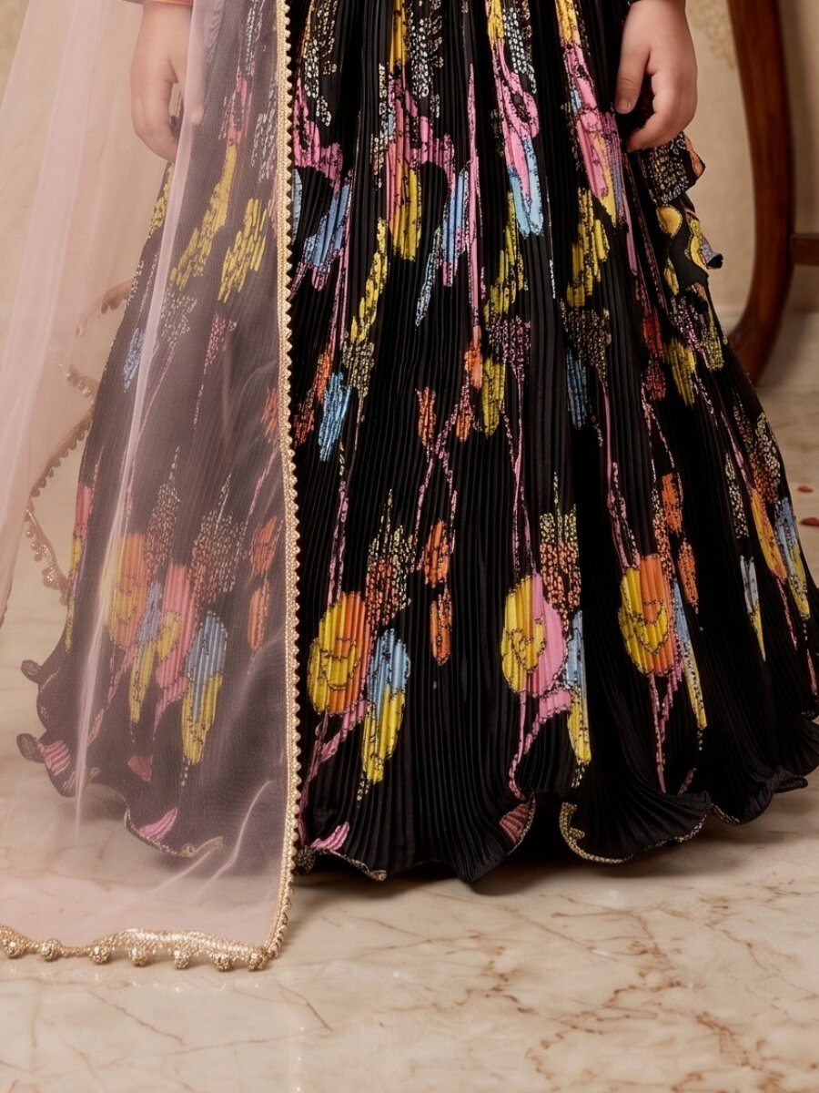 Black Heavy Chinon Silk Printed Ethnic Casual Festival Party Wedding Lehengas Girls Wear