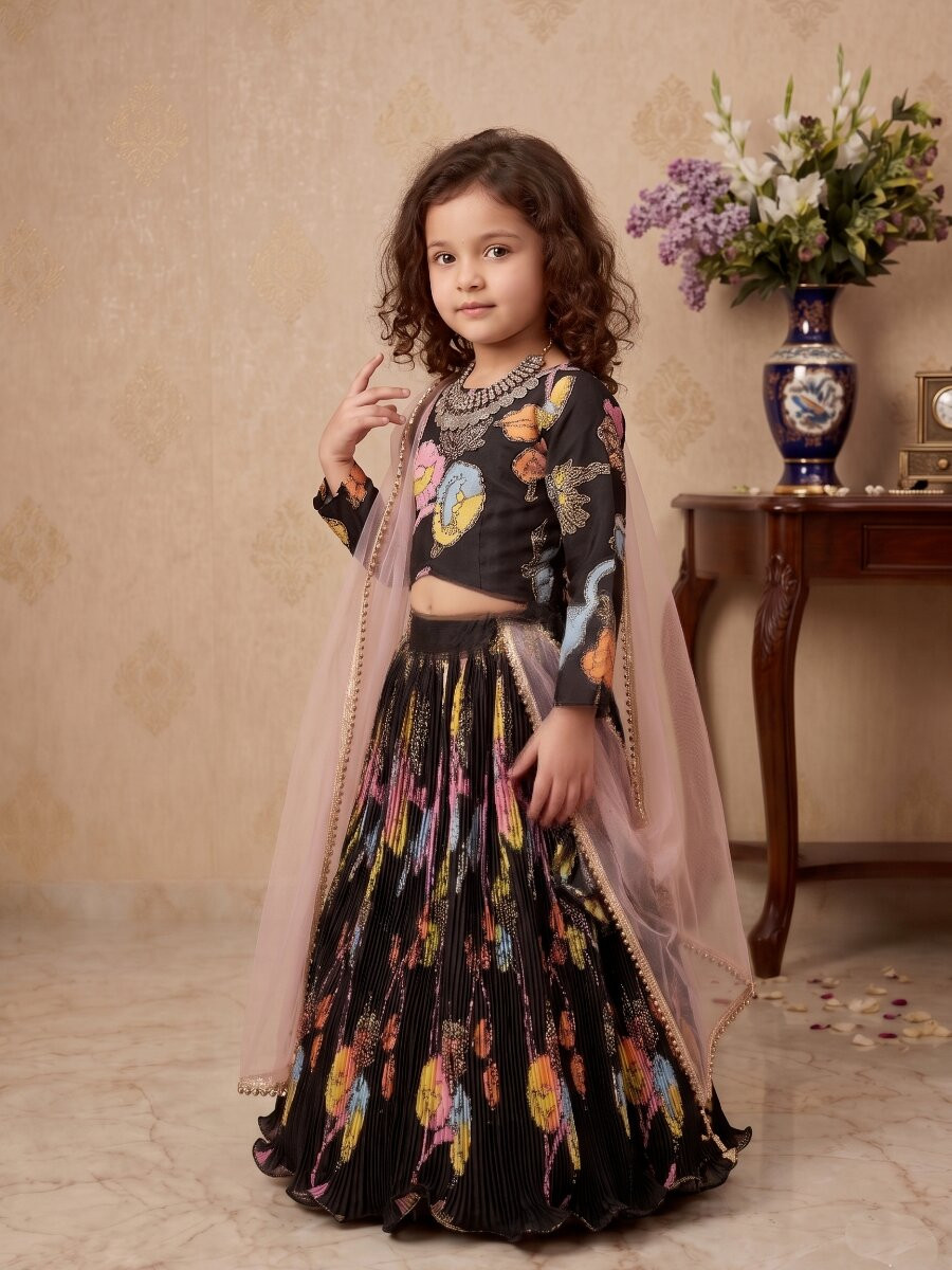 Black Heavy Chinon Silk Printed Ethnic Casual Festival Party Wedding Lehengas Girls Wear