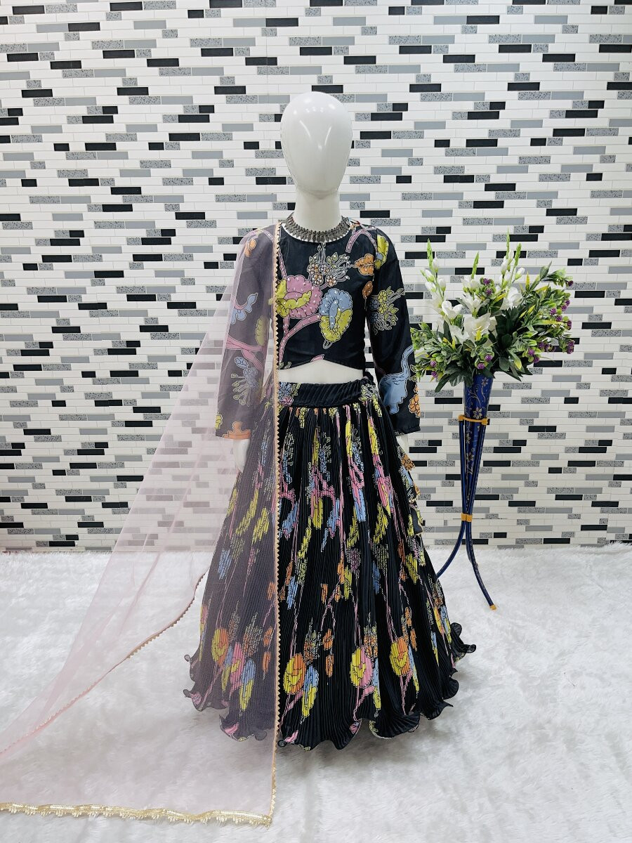 Black Heavy Chinon Silk Printed Ethnic Casual Festival Party Wedding Lehengas Girls Wear
