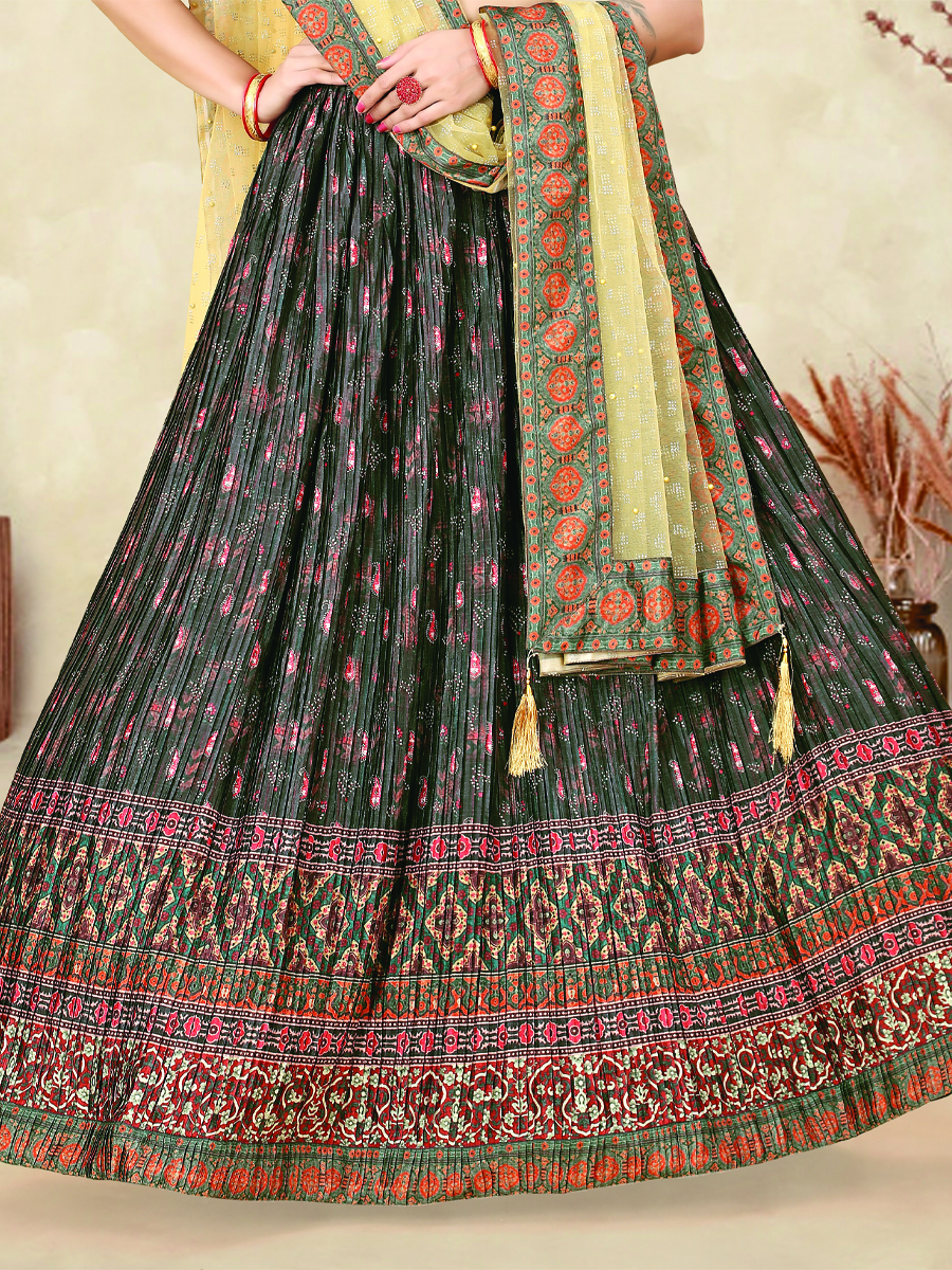 Black Heavy Chinon Silk Printed Festival Wedding Contemporary Lehenga Choli