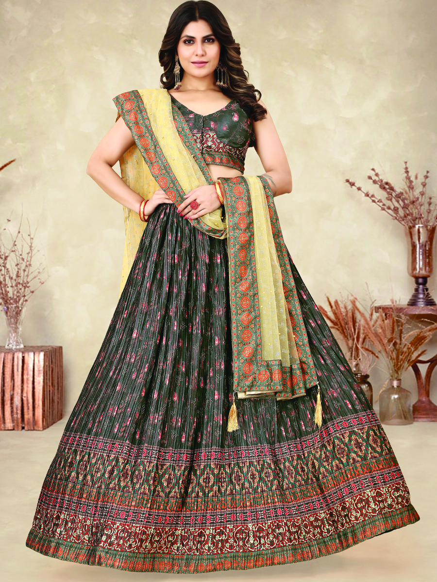 Black Heavy Chinon Silk Printed Festival Wedding Contemporary Lehenga Choli