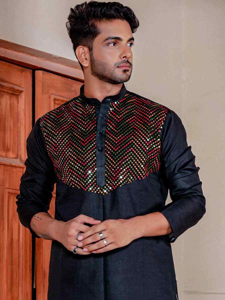 Black Heavy Cotton Embroidered Festival Kurta