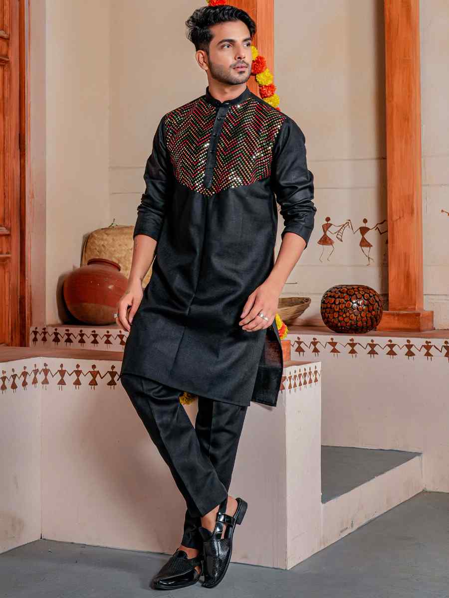 Black Heavy Cotton Embroidered Festival Kurta