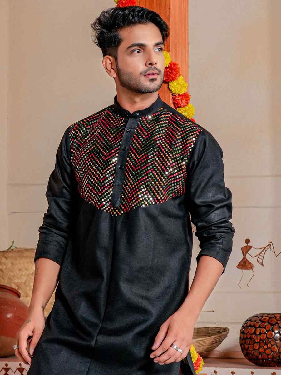 Black Heavy Cotton Embroidered Festival Kurta