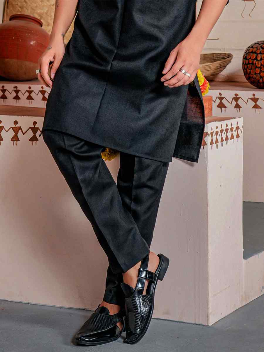 Black Heavy Cotton Embroidered Festival Kurta