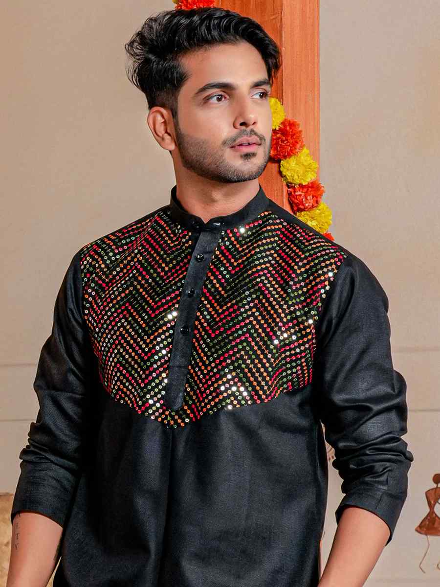 Black Heavy Cotton Embroidered Festival Kurta