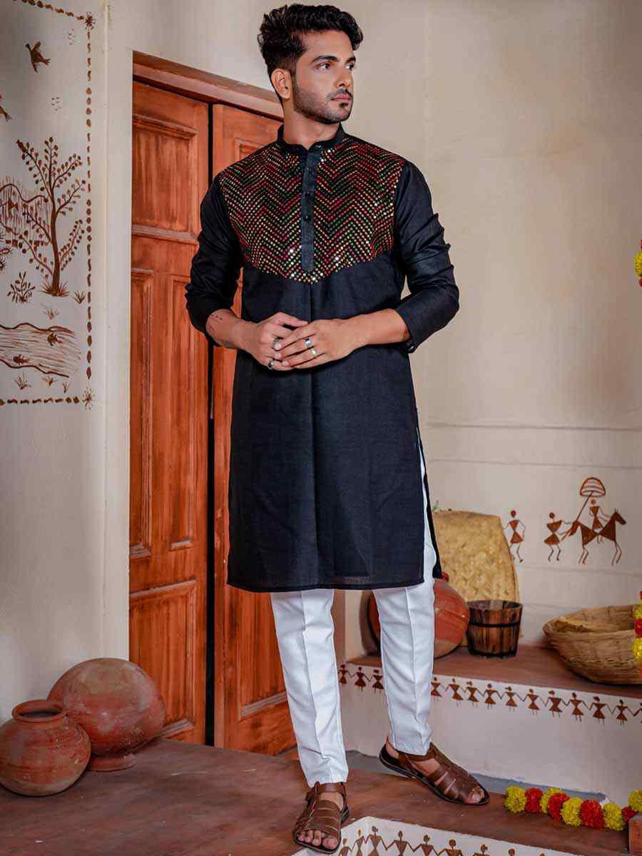 Black Heavy Cotton Embroidered Festival Kurta