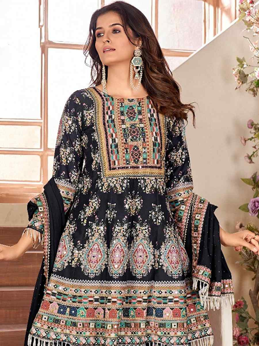 Black Heavy Cotton Muslin Embroidered Party Wedding Ready Palazzo Pant Salwar Kameez