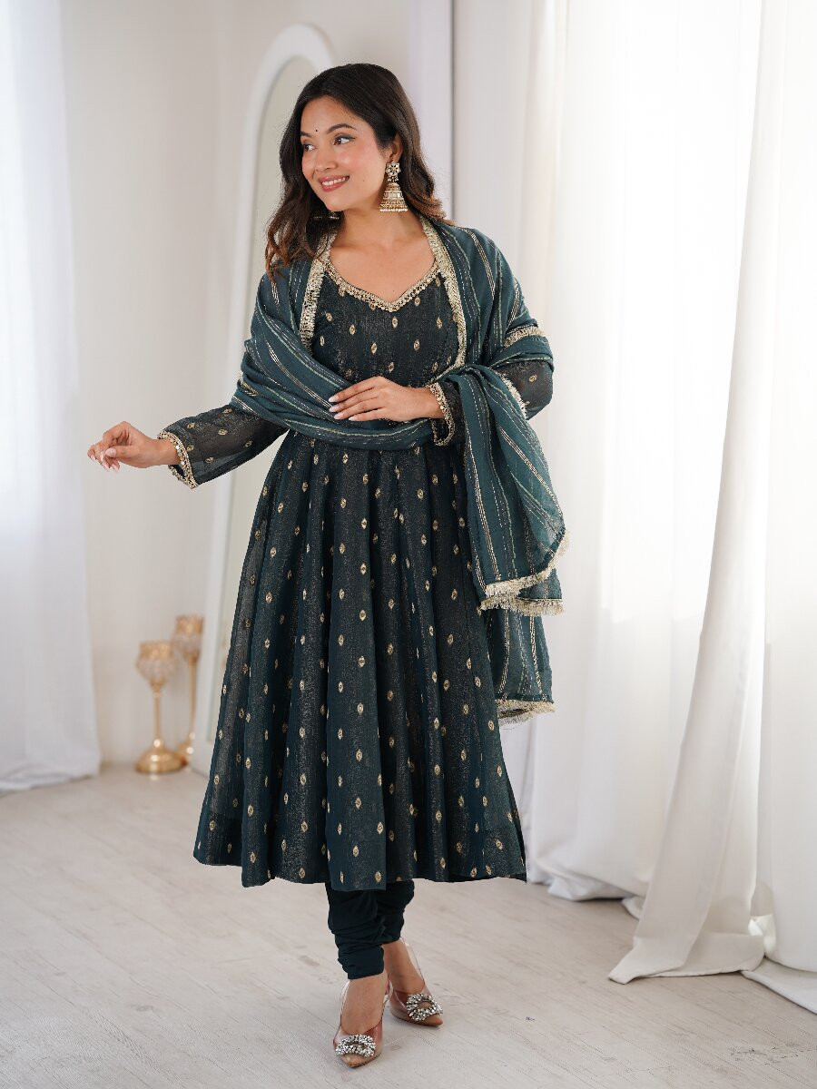 Black Heavy Crunchy Silk Sequins Lace Work Jacquard Butti Festival Party Wedding Casual Ready Anarkali Churidar Salwar Kameez