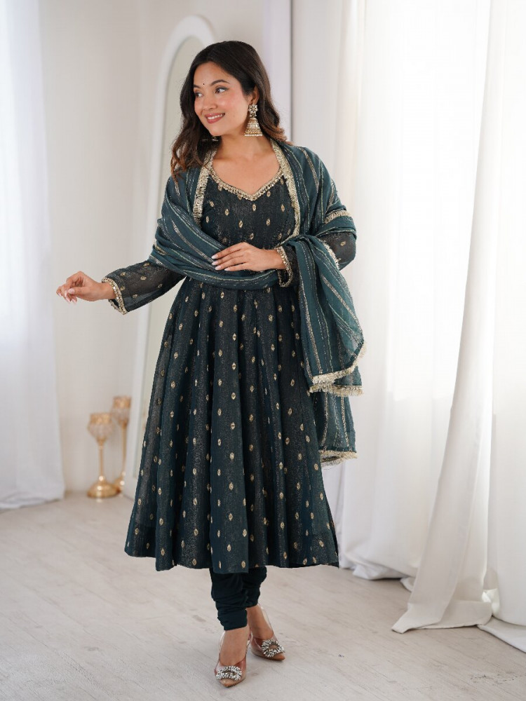 Image of Black Heavy Crunchy Silk Sequins Lace Work Jacquard Butti Festival Party Wedding Casual Ready Anarkali Churidar Salwar Kameez