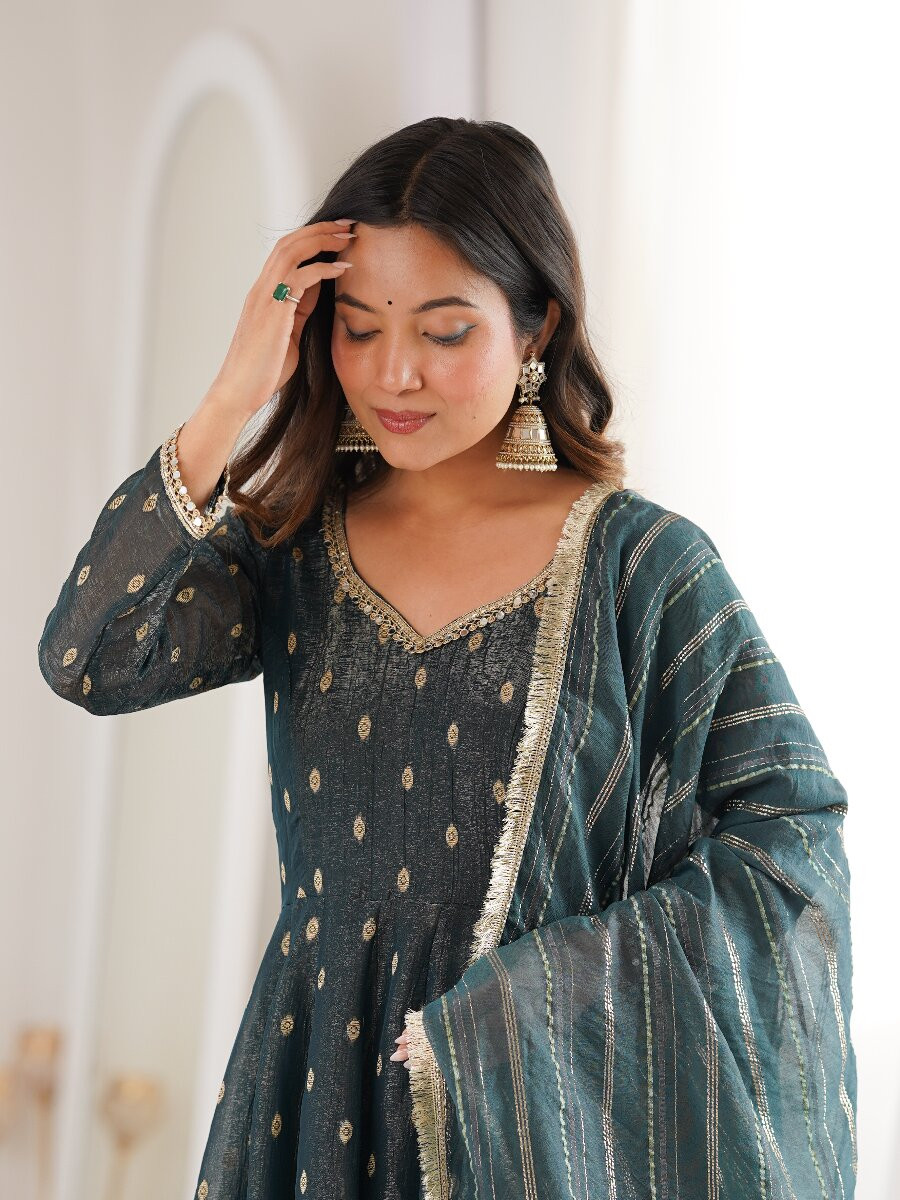 Black Heavy Crunchy Silk Sequins Lace Work Jacquard Butti Festival Party Wedding Casual Ready Anarkali Churidar Salwar Kameez
