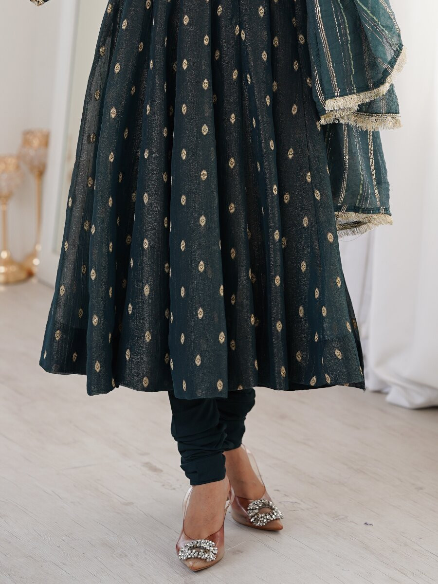 Black Heavy Crunchy Silk Sequins Lace Work Jacquard Butti Festival Party Wedding Casual Ready Anarkali Churidar Salwar Kameez