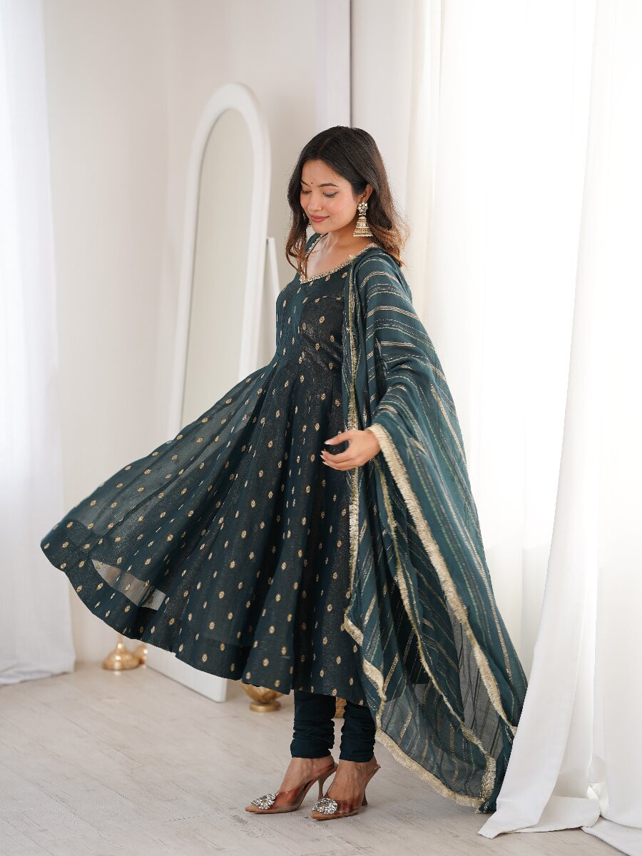 Black Heavy Crunchy Silk Sequins Lace Work Jacquard Butti Festival Party Wedding Casual Ready Anarkali Churidar Salwar Kameez