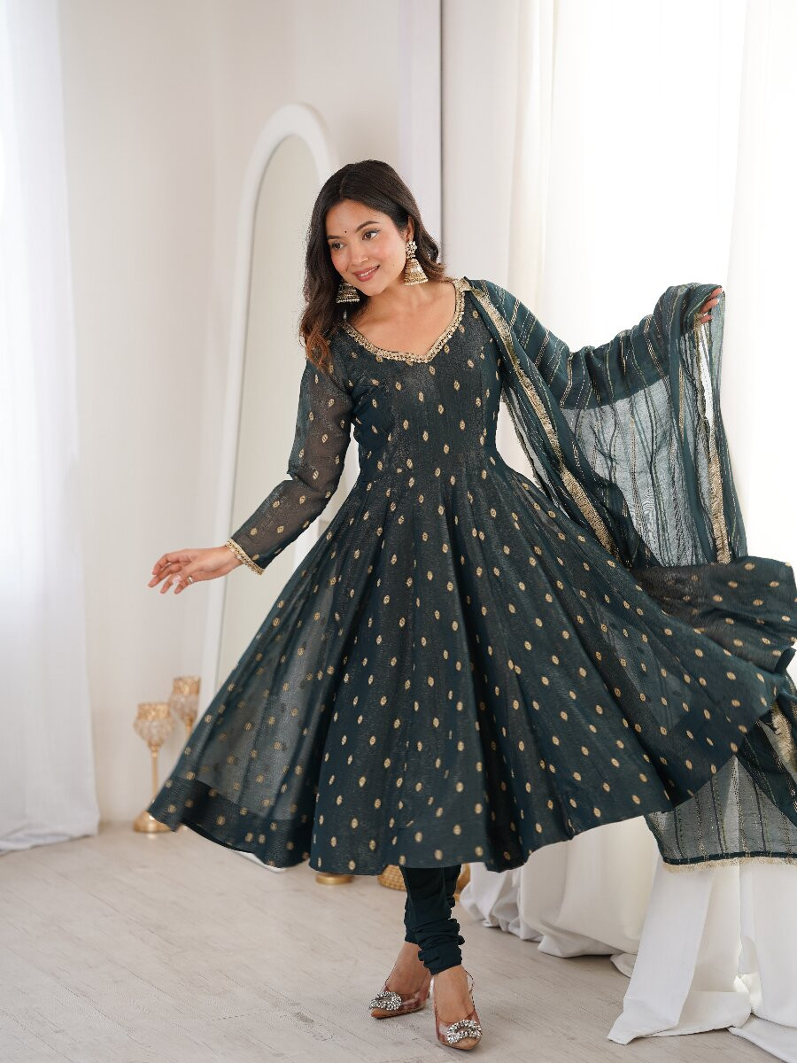 Black Heavy Crunchy Silk Sequins Lace Work Jacquard Butti Festival Party Wedding Casual Ready Anarkali Churidar Salwar Kameez