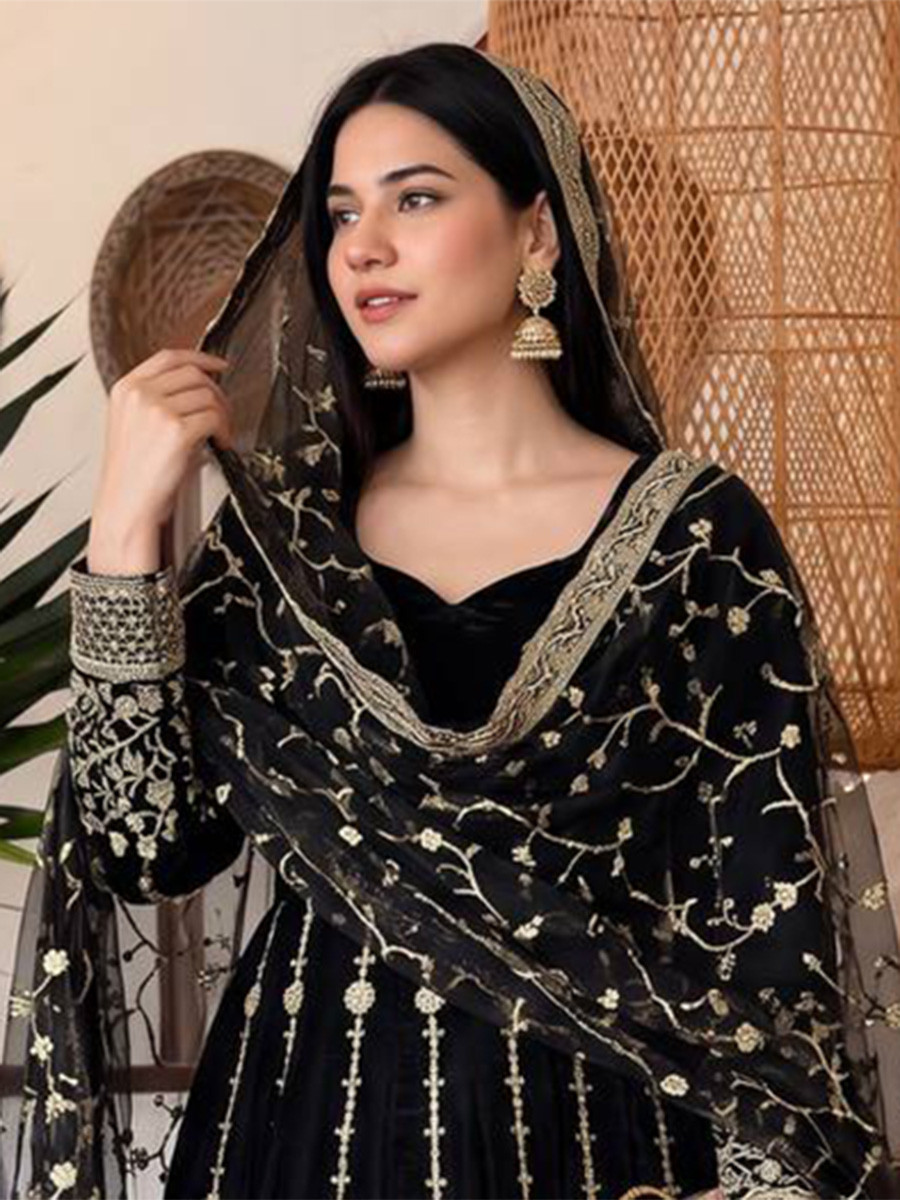 Black Heavy Fandy Silk Embroidery Sequins Zari Wedding Party Festival Casual Ready Anarkali Pant Salwar Kameez