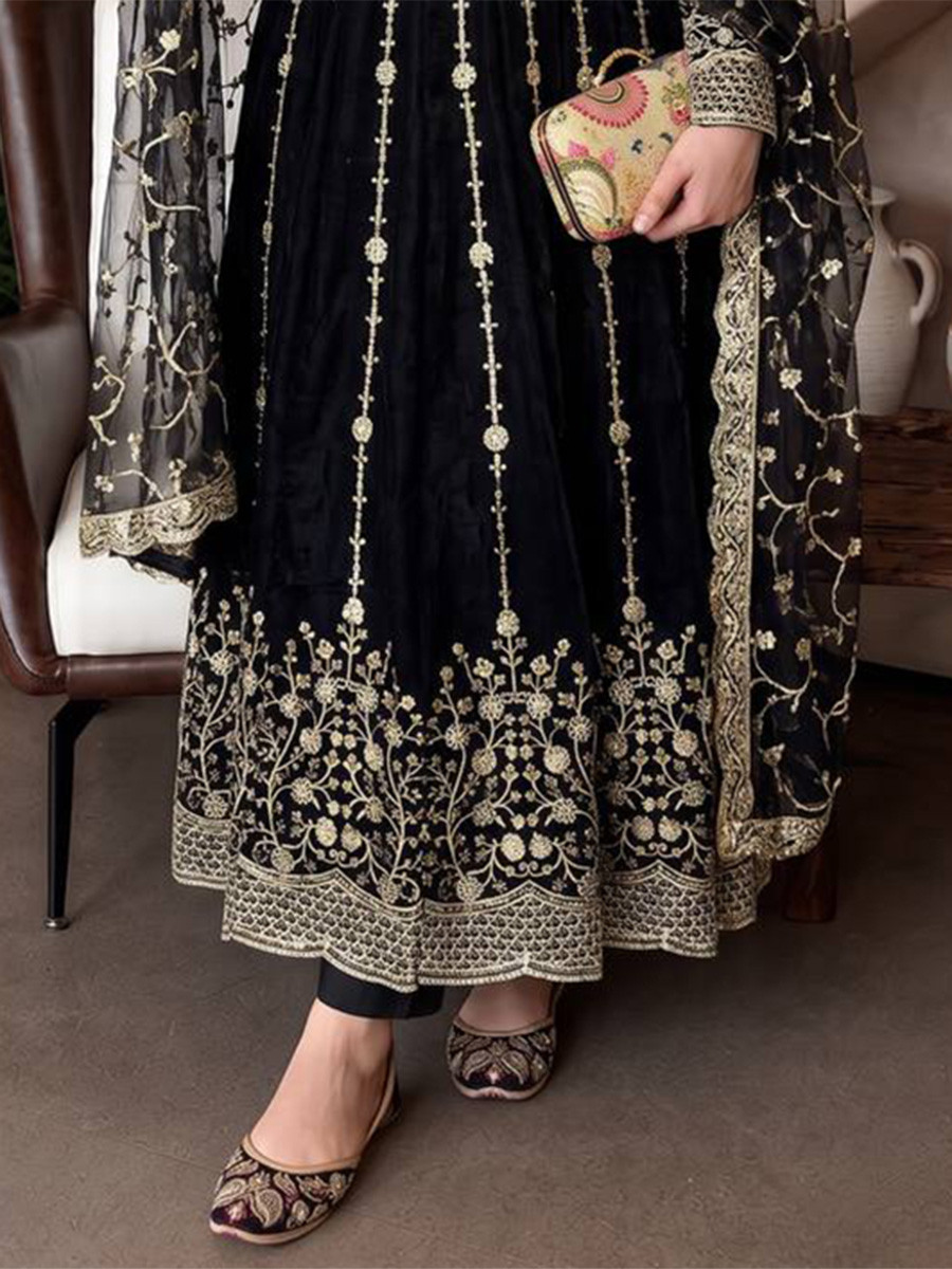 Black Heavy Fandy Silk Embroidery Sequins Zari Wedding Party Festival Casual Ready Anarkali Pant Salwar Kameez