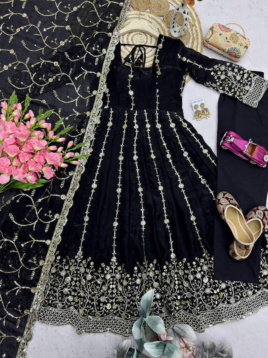 Black Heavy Fandy Silk Embroidery Sequins Zari Wedding Party Festival Casual Ready Anarkali Pant Salwar Kameez
