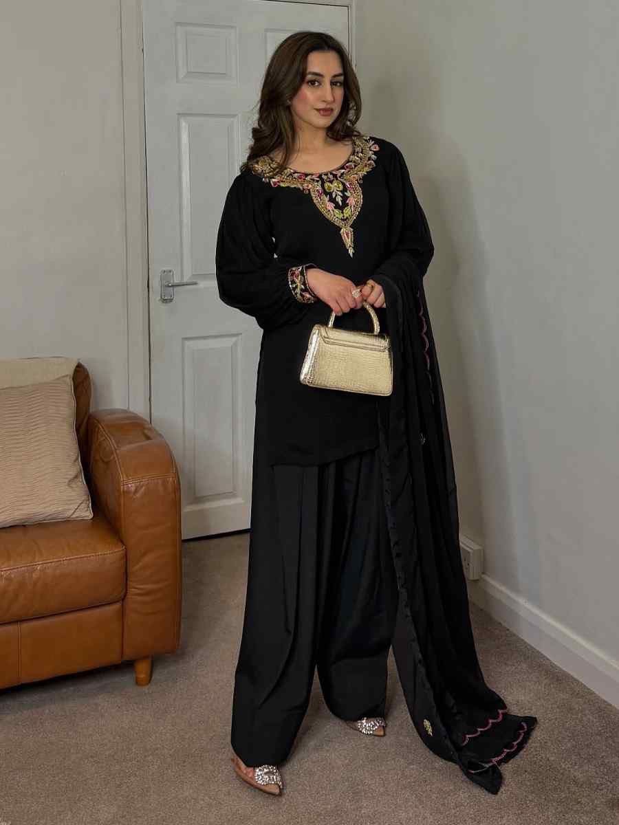 Black Heavy Faux Georgette Embroidered Festival Casual Ready Farsi Pant Salwar Kameez