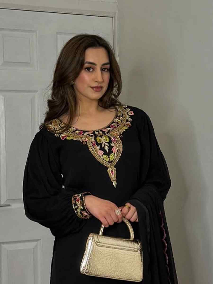 Black Heavy Faux Georgette Embroidered Festival Casual Ready Farsi Pant Salwar Kameez