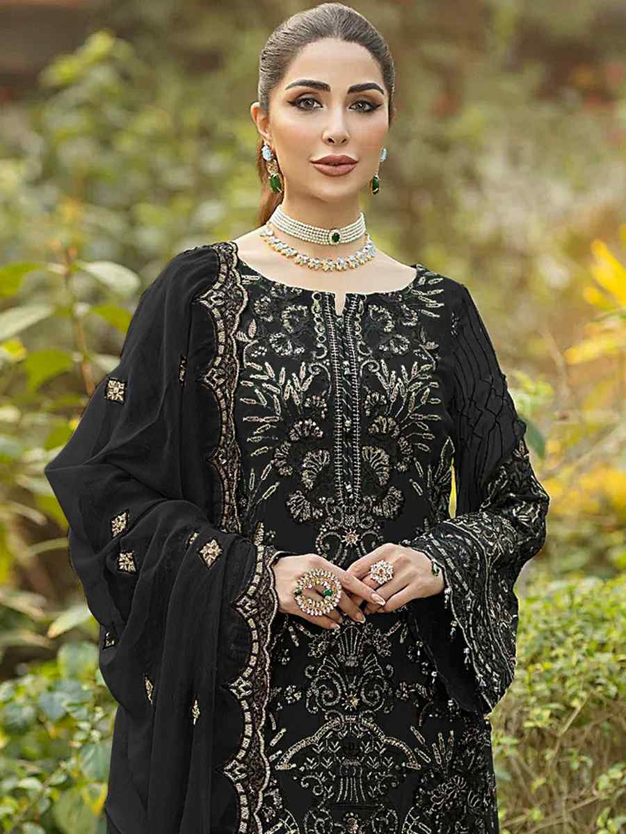 Black Heavy Faux Georgette Embroidered Festival Party Palazzo Pant Salwar Kameez