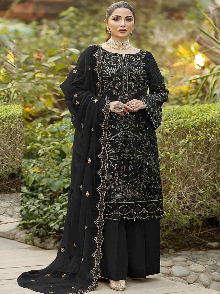 Black Heavy Faux Georgette Embroidered Festival Party Palazzo Pant Salwar Kameez