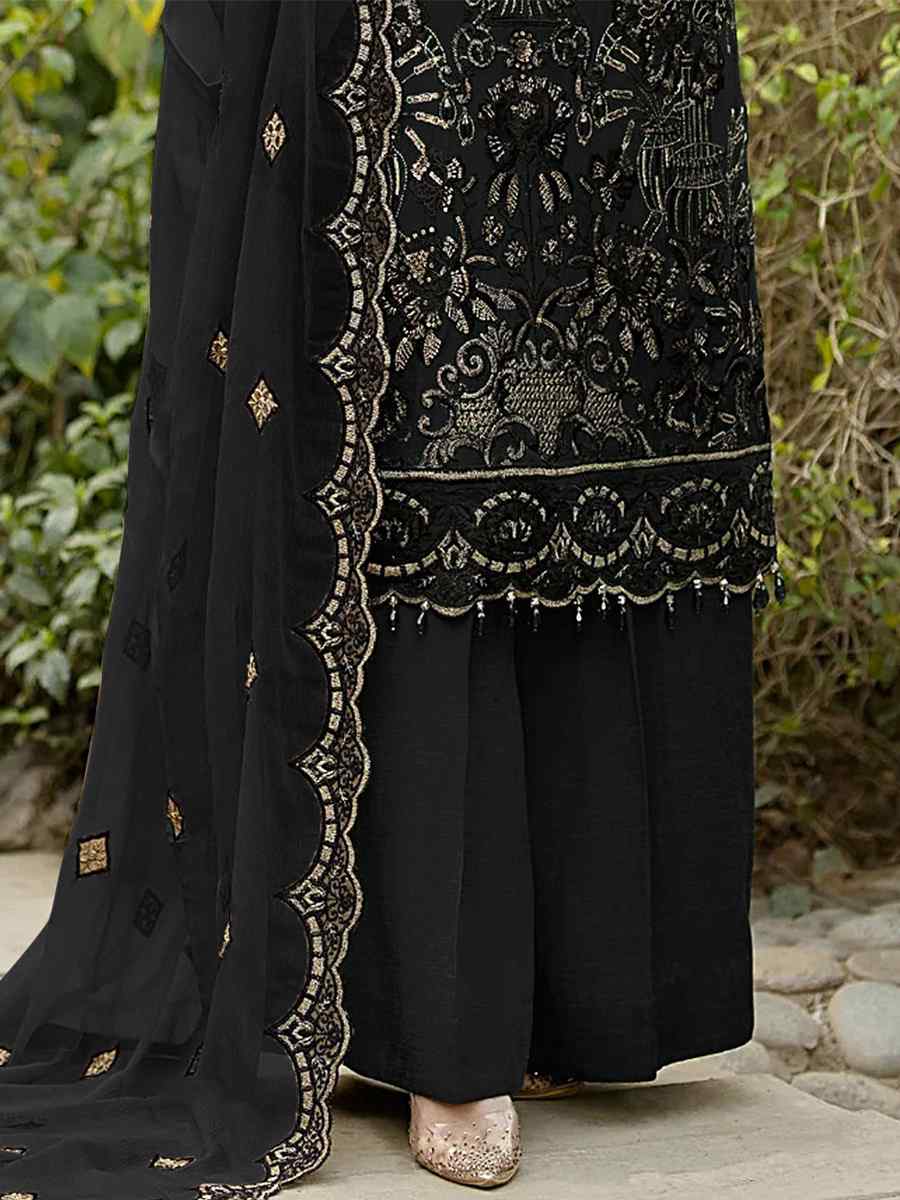 Black Heavy Faux Georgette Embroidered Festival Party Palazzo Pant Salwar Kameez