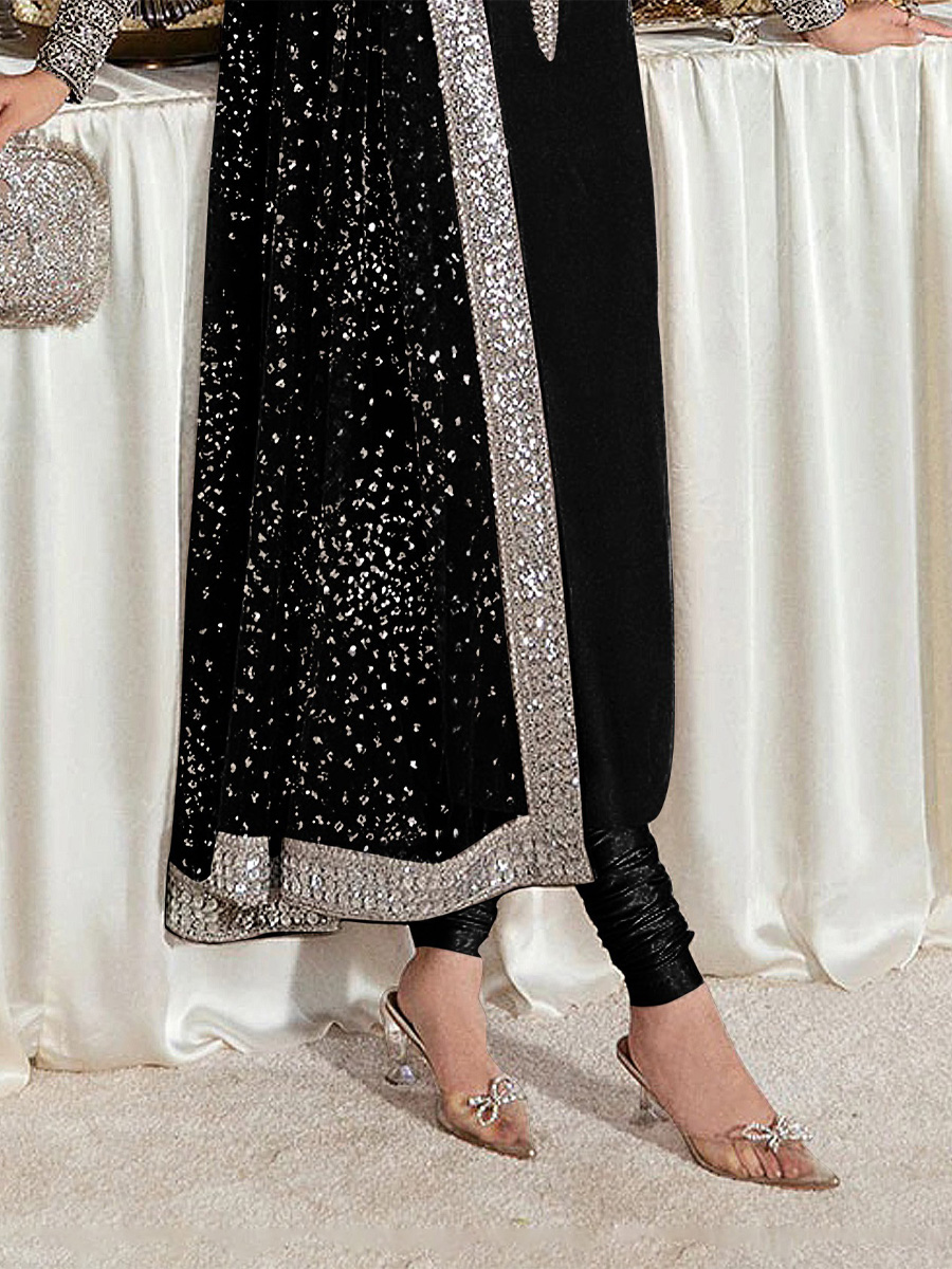 Black Heavy Faux Georgette Embroidered Festival Party Pant Salwar Kameez