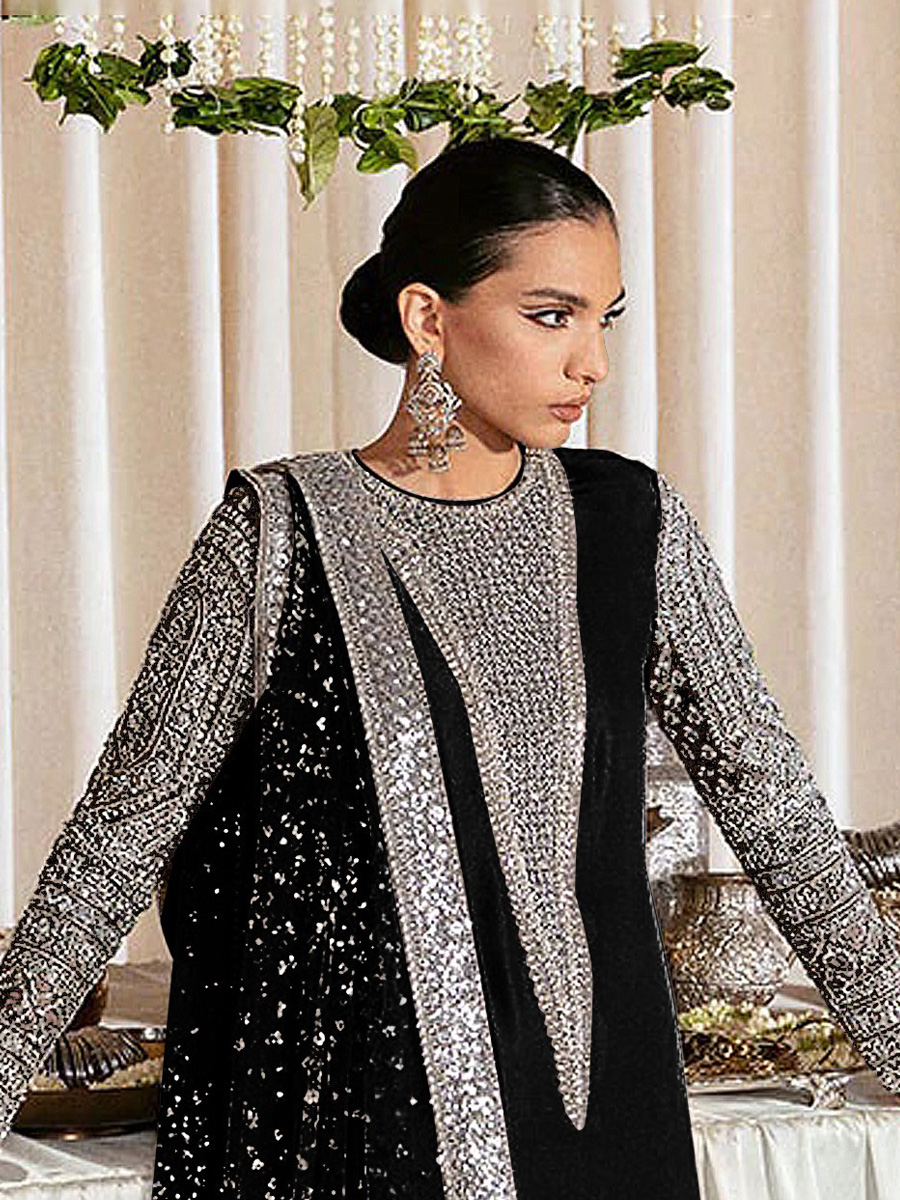 Black Heavy Faux Georgette Embroidered Festival Party Pant Salwar Kameez