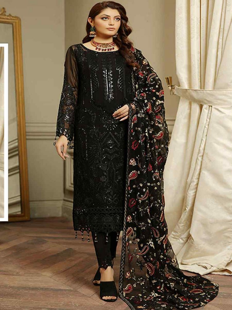 Black Heavy Faux Georgette Embroidered Festival Party Pant Salwar Kameez