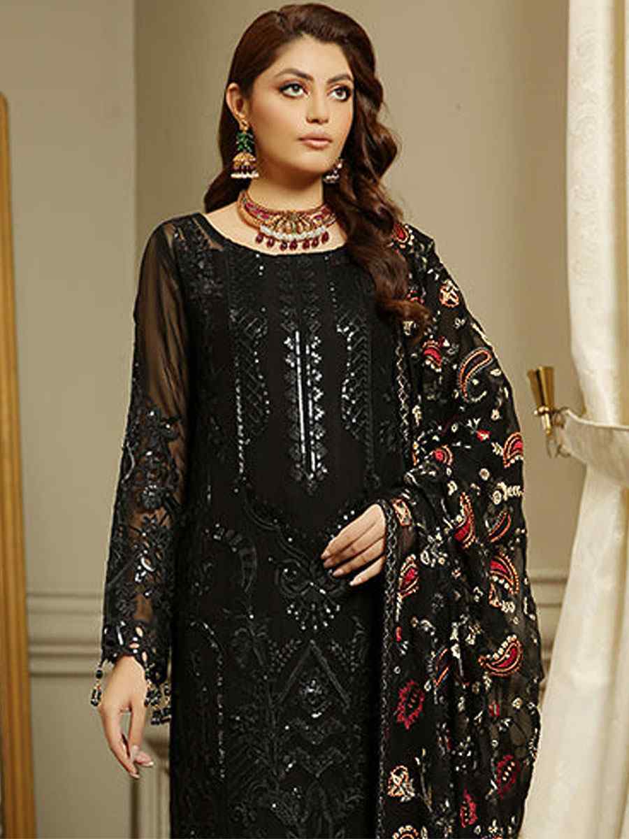 Black Heavy Faux Georgette Embroidered Festival Party Pant Salwar Kameez