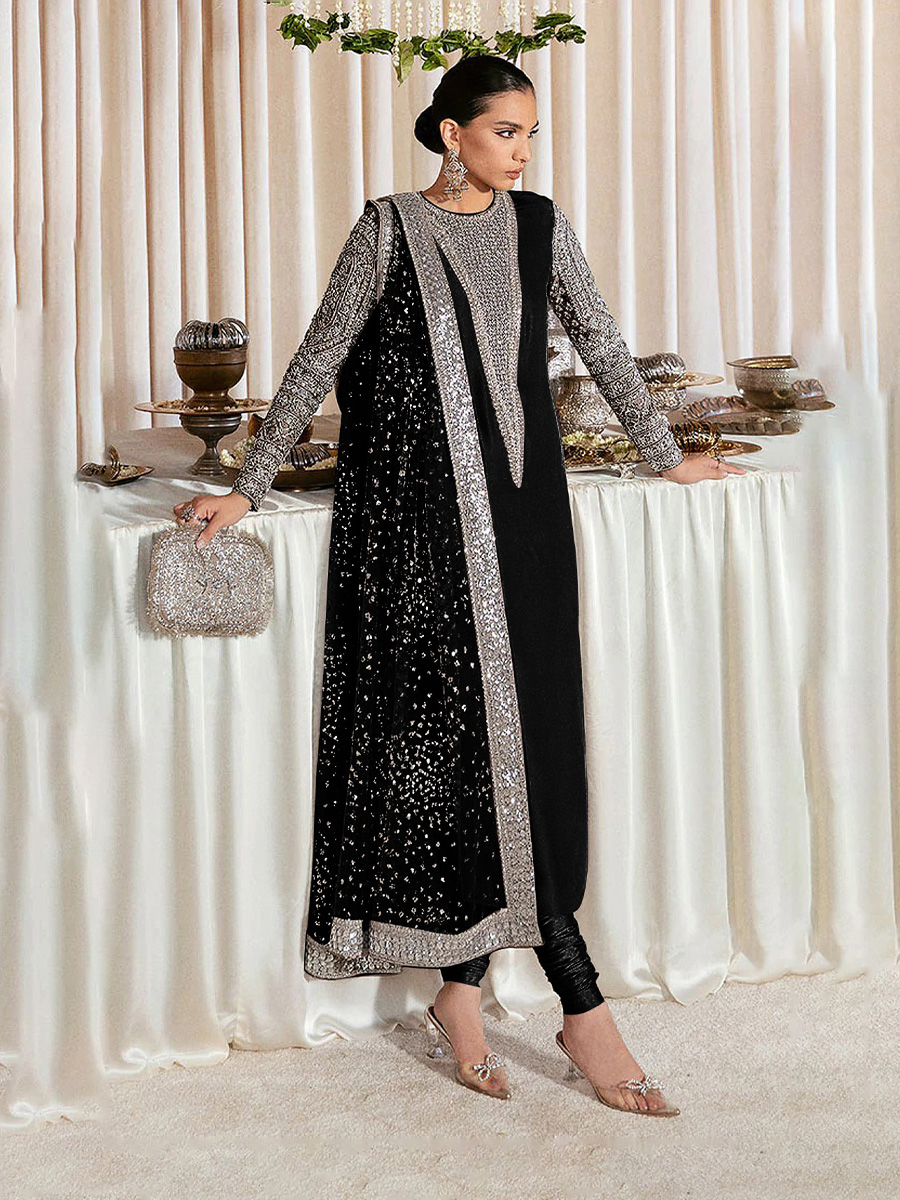 Black Heavy Faux Georgette Embroidered Festival Party Pant Salwar Kameez