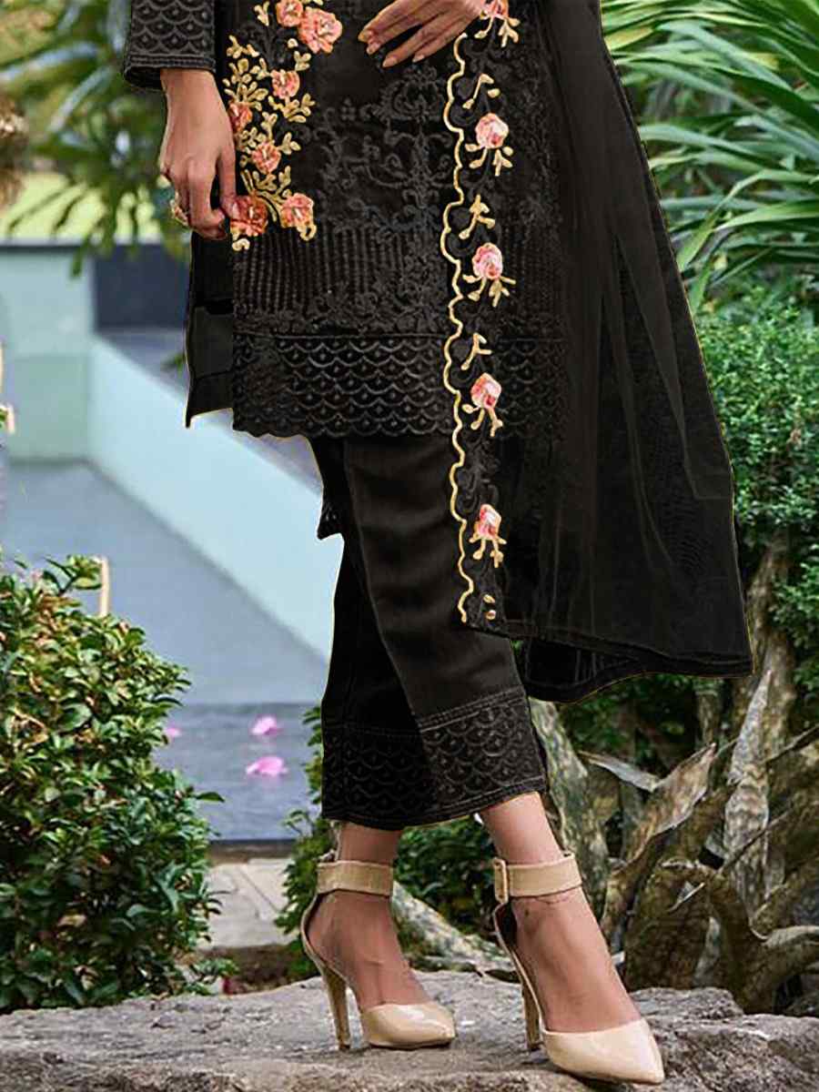 Black Heavy Faux Georgette Embroidered Festival Party Ready Pant Salwar Kameez