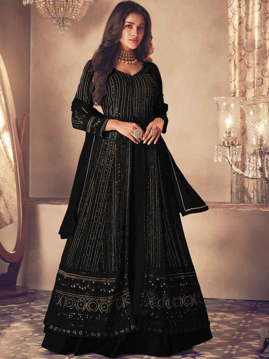 Black Heavy Faux Georgette Embroidered Festival Wedding Anarkali Salwar Kameez