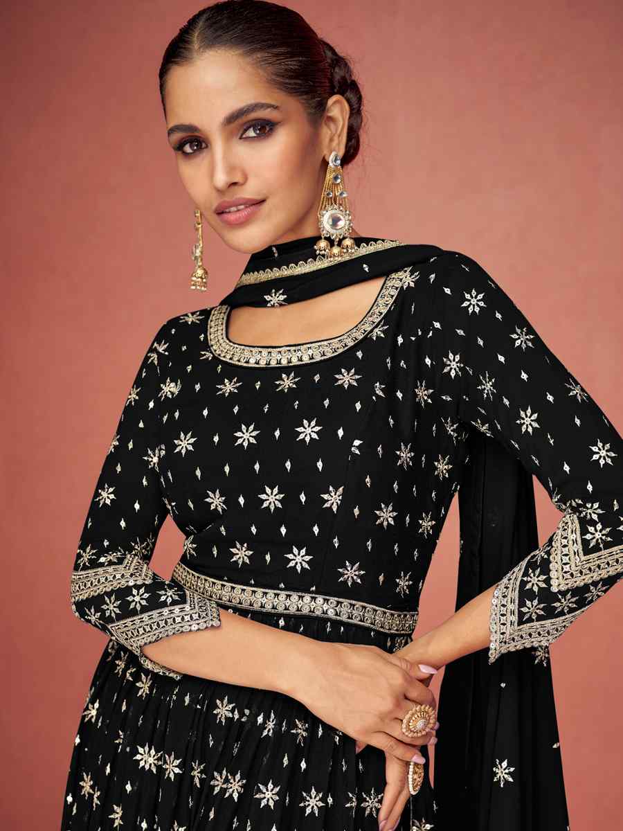 Black Heavy Faux Georgette Embroidered Festival Wedding Anarkali Salwar Kameez