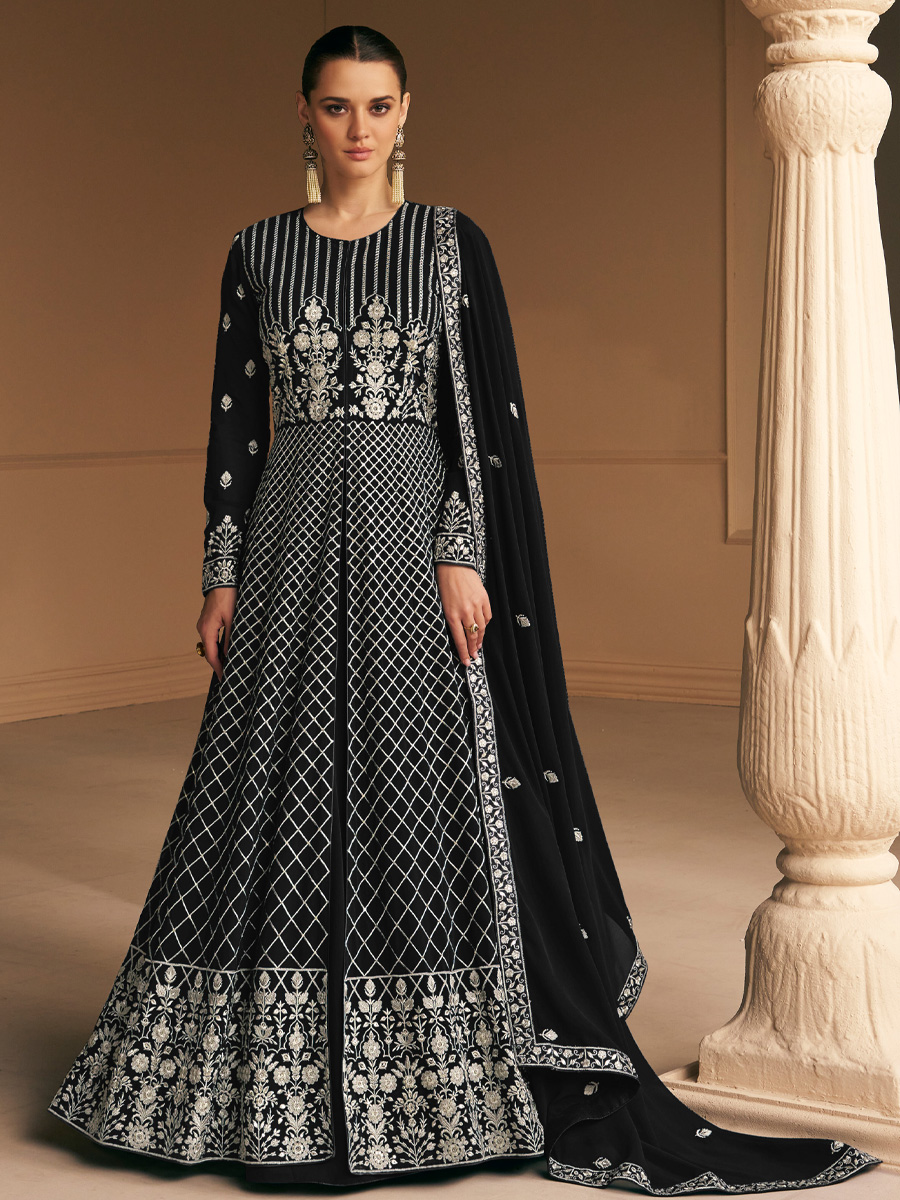 Black Heavy Faux Georgette Embroidered Festival Wedding Anarkali Salwar Kameez