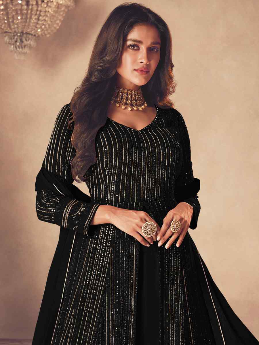 Black Heavy Faux Georgette Embroidered Festival Wedding Anarkali Salwar Kameez