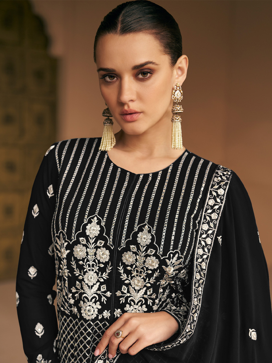 Black Heavy Faux Georgette Embroidered Festival Wedding Anarkali Salwar Kameez